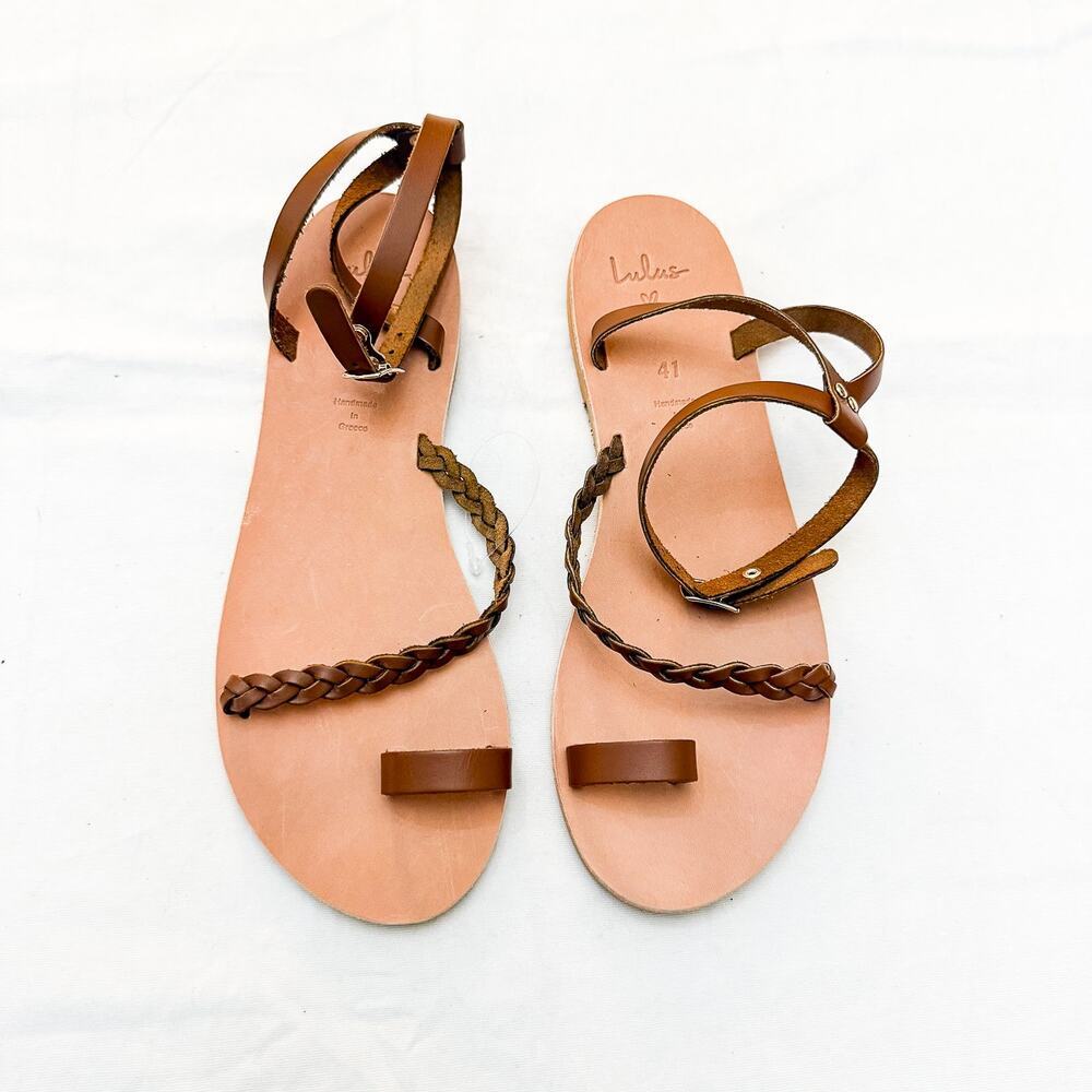 Lulu's Handmade in Greece Tan Leather Braided Thong Sandal Size 41 NWT